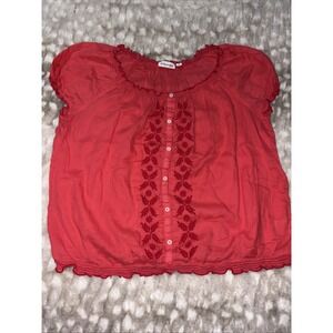 St. John's Bay Womens 1X 100% Cotton Pink Embroidered Peasant Boho Top Button Up